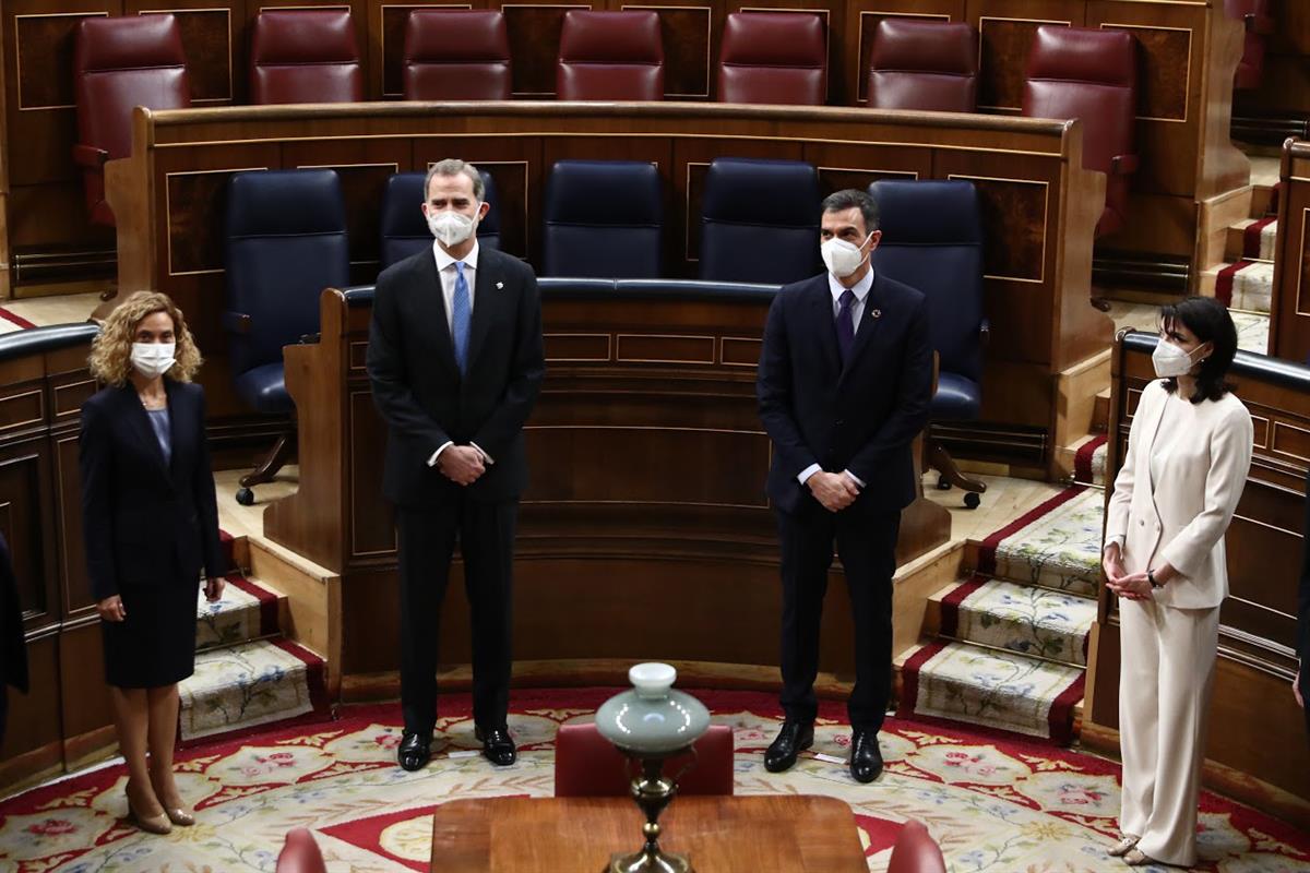 23/02/2021. Acto con motivo del 40º aniversario del 23-F. El rey Felipe VI, el presidente del Gobierno, Pedro Sánchez, y las presidentas del...