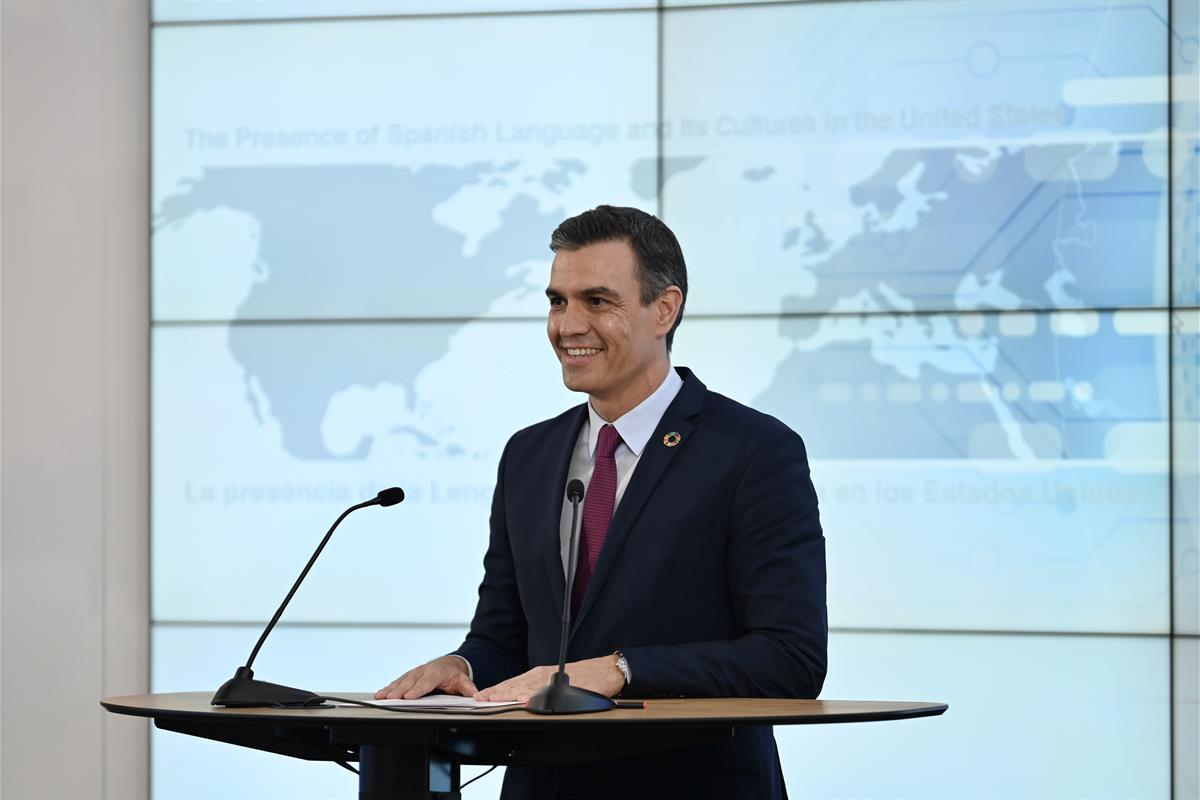 23/07/2021. Rueda de prensa de Pedro Sánchez en San Francisco. El presidente del Gobierno, Pedro Sánchez, durante su intervención en la rued...