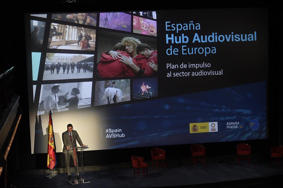 24/03/2021. Pedro Sánchez presenta el plan 'España, Hub Audiovisual de Europa'. El presidente del Gobierno, Pedro Sánchez, durante su interv...