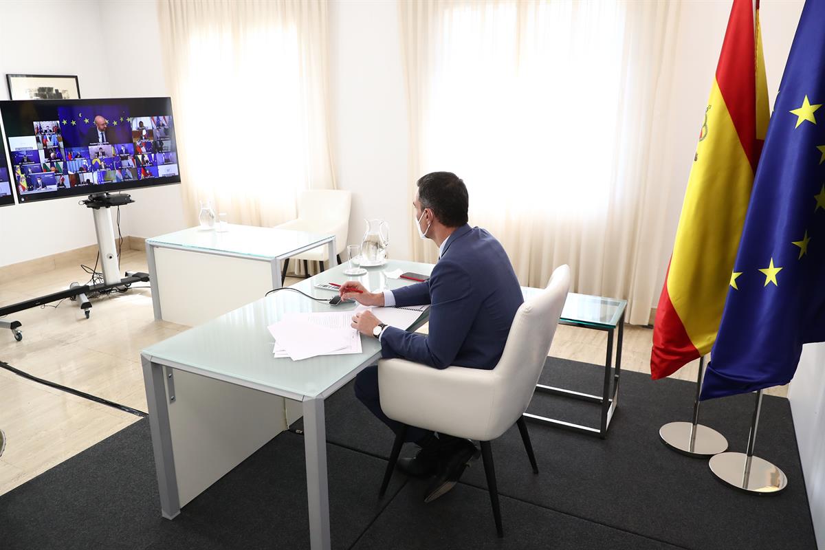 25/03/2021. Pedro Sánchez participa en el Consejo Europeo. El presidente del Gobierno, Pedro Sánchez, durante su participación en el Consejo...