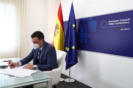 25/03/2021. Pedro Sánchez participa en el Consejo Europeo. El presidente del Gobierno, Pedro Sánchez, durante su participación en el Consejo...