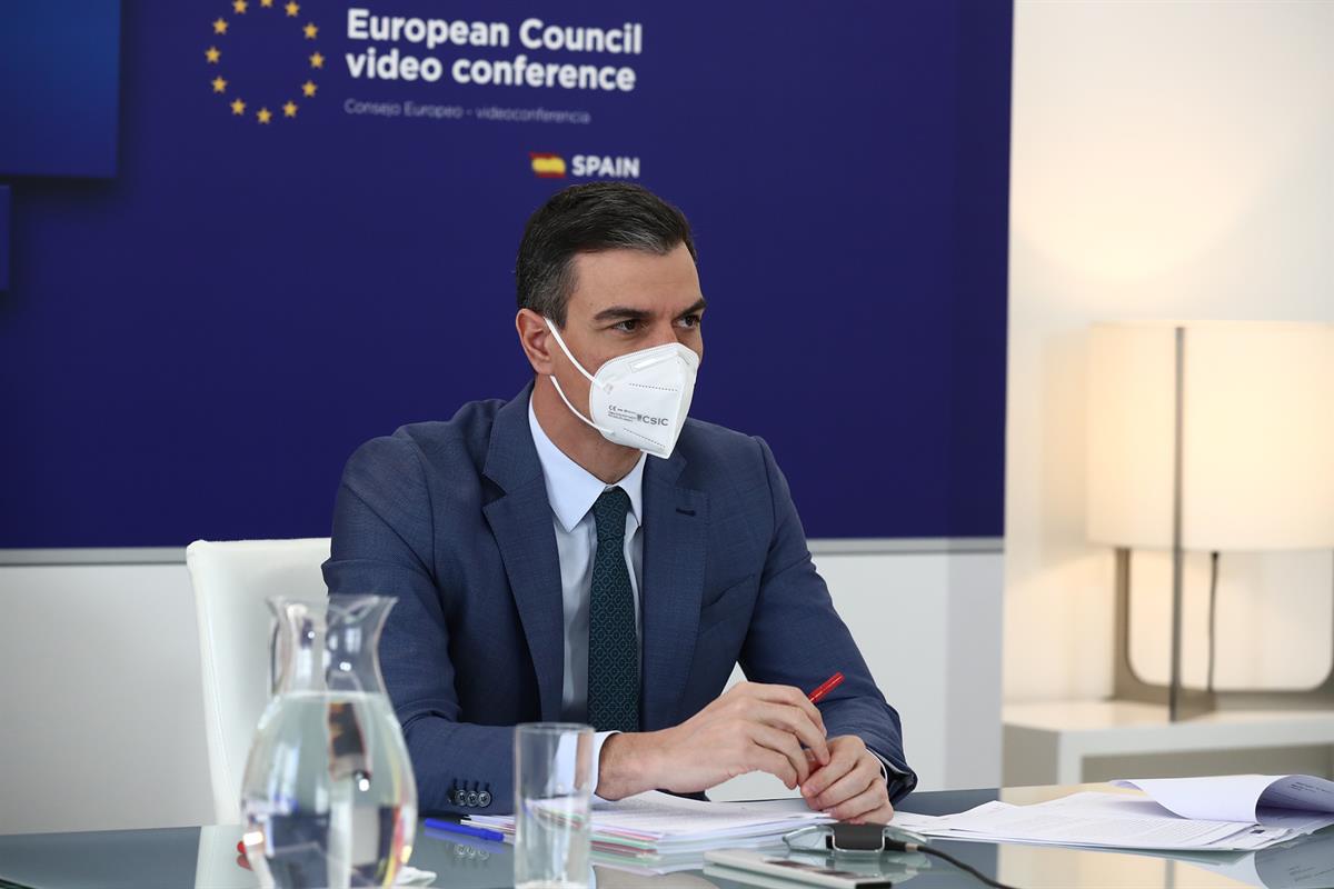 25/03/2021. Pedro Sánchez participa en el Consejo Europeo. El presidente del Gobierno, Pedro Sánchez, durante su participación en el Consejo...