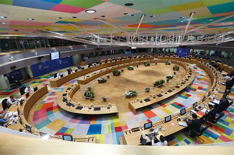 25/05/2021. Pedro Sánchez participa en el Consejo Europeo Extraordinario (segunda jornada). Sala donde se celebra el Consejo Europeo, a cuya...