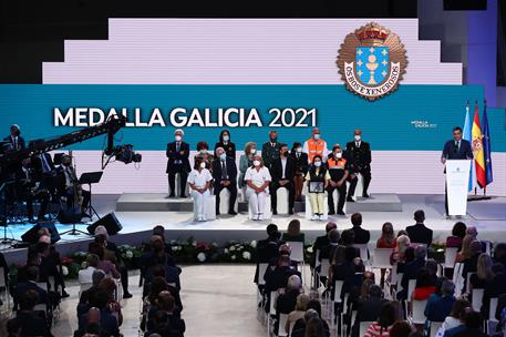 25/07/2021. Pedro Sánchez participa en la ceremonia de entrega de la medalla de oro de Galicia. El presidente del Gobierno, Pedro Sánchez, d...