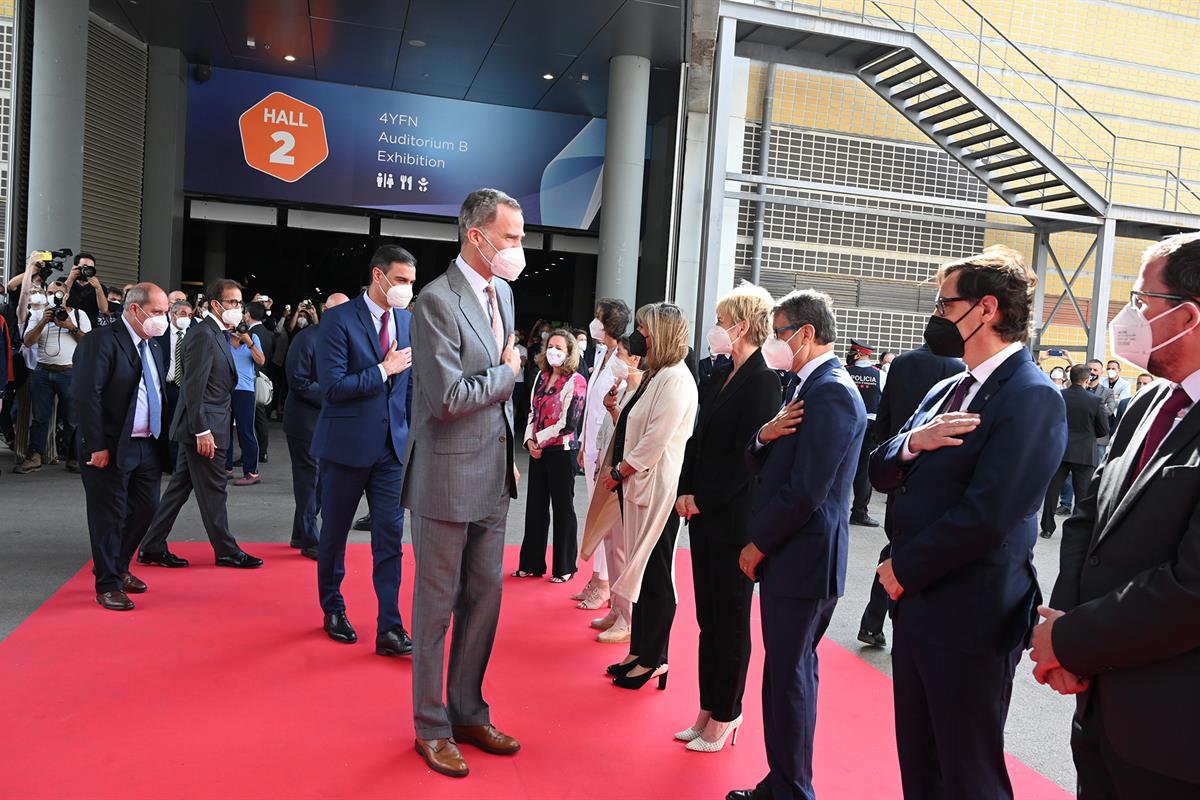 28/06/2021. Pedro Sánchez asiste a la inauguración del Mobile World Congress 2021. El presidente del Gobierno, Pedro Sánchez, junto a S.M. e...