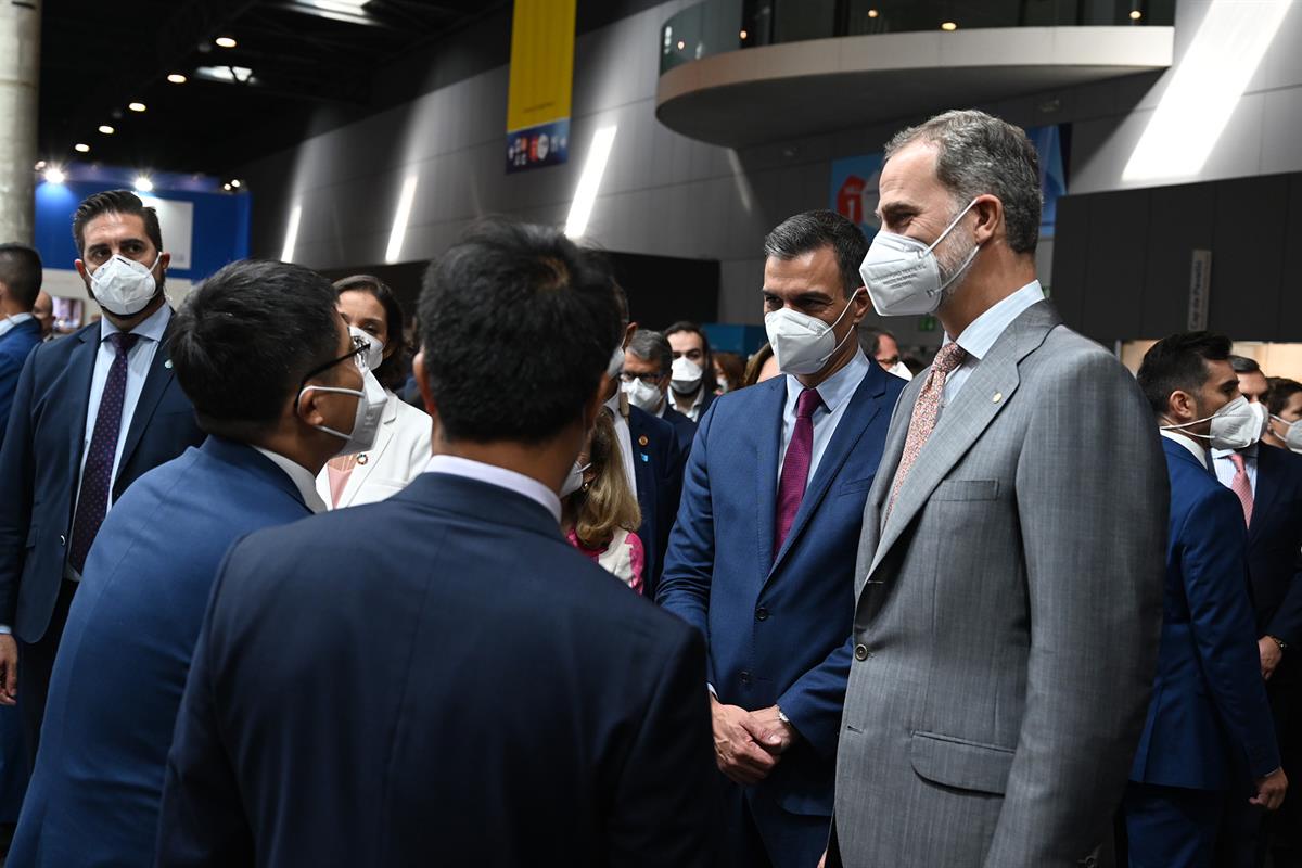 28/06/2021. Pedro Sánchez asiste a la inauguración del Mobile World Congress 2021. El presidente del Gobierno, Pedro Sánchez, junto a S.M. e...