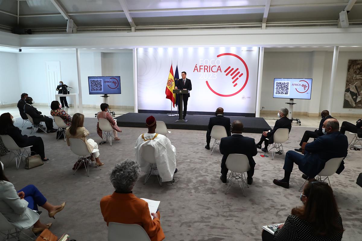 29/03/2021. Sánchez, en el acto de presentación Foco África 2023. El presidente del Gobierno, Pedro Sánchez, durante su intervención en el a...