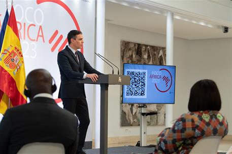 29/03/2021. Sánchez, en el acto de presentación Foco África 2023. El presidente del Gobierno, Pedro Sánchez, durante su intervención en el a...