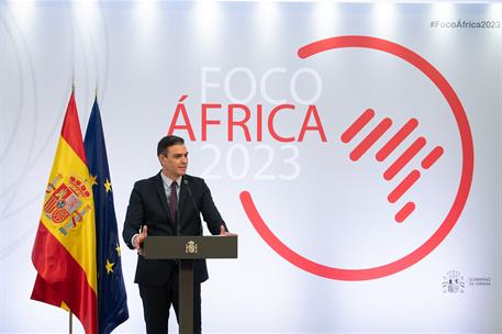 29/03/2021. Sánchez, en el acto de presentación Foco África 2023. El presidente del Gobierno, Pedro Sánchez, durante su intervención en el a...