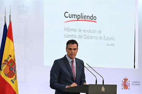 29/07/2021. Pedro Sánchez comparece para hacer balance del curso político. El presidente del Gobierno, Pedro Sánchez, durante su intervenció...