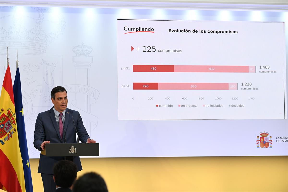 29/07/2021. Pedro Sánchez comparece para hacer balance del curso político. El presidente del Gobierno, Pedro Sánchez, durante su intervenció...