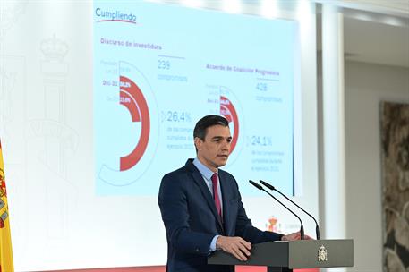 29/12/2021. Sánchez presenta el informe de rendición de cuentas del Gobierno 2021. El presidente del Gobierno, Pedro Sánchez, durante su com...