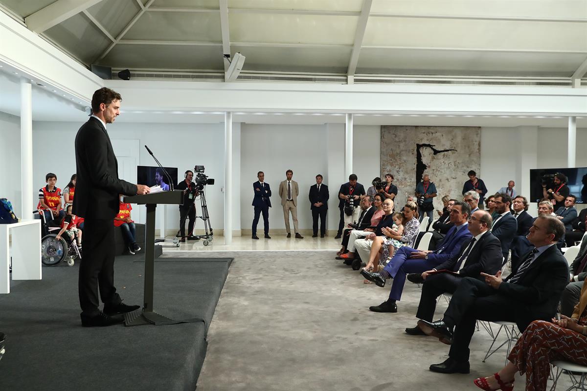 2/06/2022. Sánchez preside el acto de entrega de la Gran Cruz del Mérito Deportivo a Pau Gasol. Pau Gasol durante su intervención en el acto
