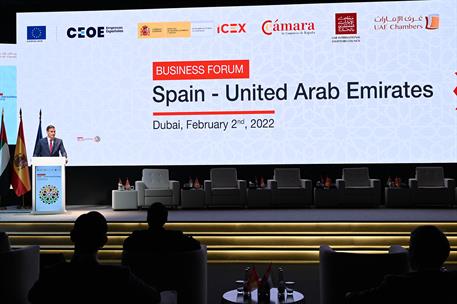 2/02/2022. Pedro Sánchez inaugura el Foro Empresarial España-Emiratos Árabes Unidos. El presidente del Gobierno, Pedro Sánchez, durante su i...