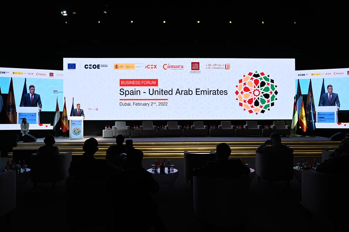 2/02/2022. Pedro Sánchez inaugura el Foro Empresarial España-Emiratos Árabes Unidos. El presidente del Gobierno, Pedro Sánchez, durante su i...