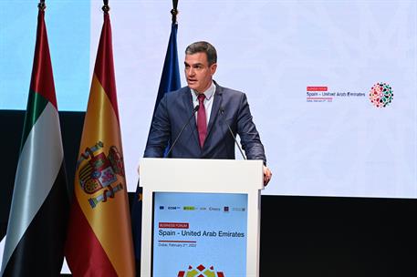 2/02/2022. Pedro Sánchez inaugura el Foro Empresarial España-Emiratos Árabes Unidos. El presidente del Gobierno, Pedro Sánchez, durante su i...