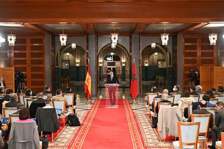7/04/2022. Pedro Sánchez se reúne con el rey de Marruecos, Mohamed VI. El presidente del Gobierno, Pedro Sánchez, durante su intervención en...