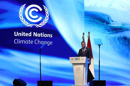 7/11/2022. Pedro S&#225;nchez asiste a la Conferencia de las Naciones Unidas sobre Cambio Clim&#225;tico (COP27). Intervenci&#243;n del presidente del Gobi...