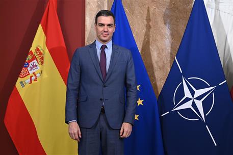 8/03/2022. El presidente del Gobierno viaja a Letonia. El presidente del Gobierno, Pedro Sánchez, durante su visita a Riga (Letonia)