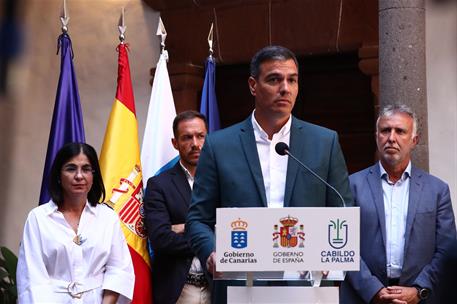 16/08/2022. Pedro S&#225;nchez visita la isla de La Palma. El presidente del Gobierno, Pedro S&#225;nchez, durante su comparecencia ante los medios de...