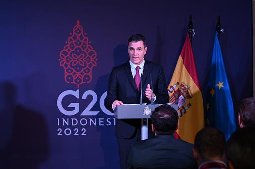 El presidente del Gobierno, Pedro Sánchez, durante su comparecencia tras la clausura de la Cumbre del G20.