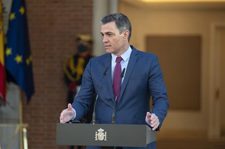 17/01/2022. Pedro Sánchez recibe al canciller alemán Olaf Scholz. El presidente del Gobierno, Pedro Sánchez, durante su intervención en la c...