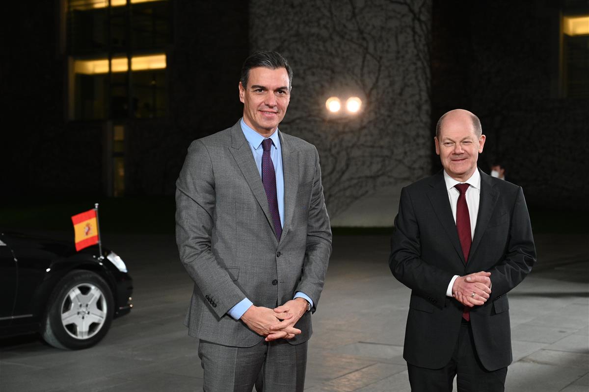 19/03/2022. Pedro Sánchez junto a Olaf Scholz.. El presidente del Gobierno, Pedro Sánchez, junto al canciller de la República Federal de Ale...