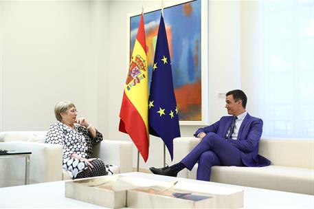 19/05/2022. Pedro Sánchez recibe a Michelle Bachelet. El presidente del Gobierno, Pedro Sánchez, durante su reunión con la Alta Comisionada ...