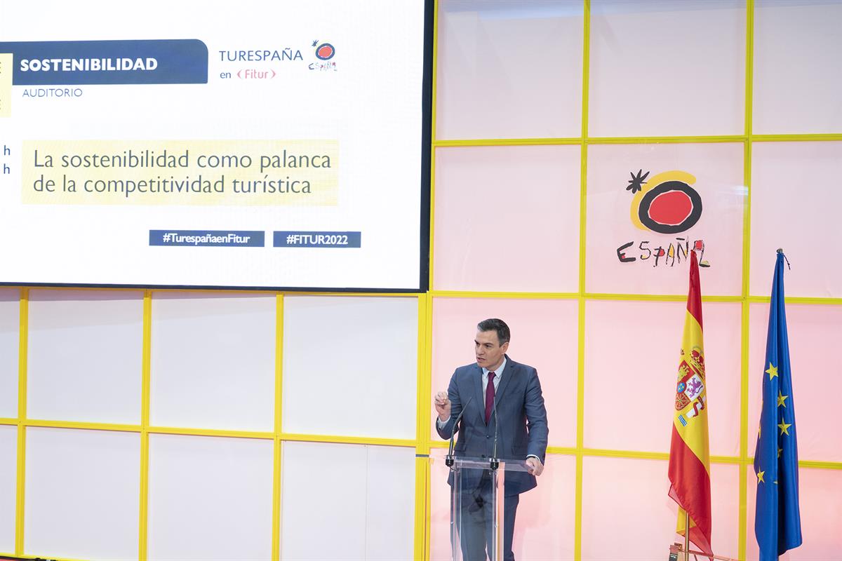 21/01/2022. Pedro Sánchez visita FITUR. El presidente del Gobierno, Pedro Sánchez, durante su intervención en un acto sobre Sostenibilidad T...