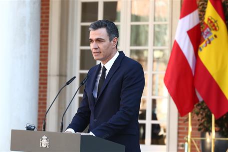 21/02/2022. Pedro Sánchez recibe a la primera ministra de Dinamarca, Mette Frederiksen. El presidente del Gobierno, Pedro Sánchez, durante s...