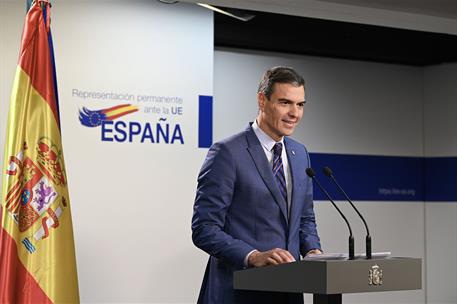 21/10/2022. Pedro Sánchez asiste al Consejo Europeo (segunda jornada). El presidente del Gobierno, Pedro Sánchez, durante su comparecencia a...