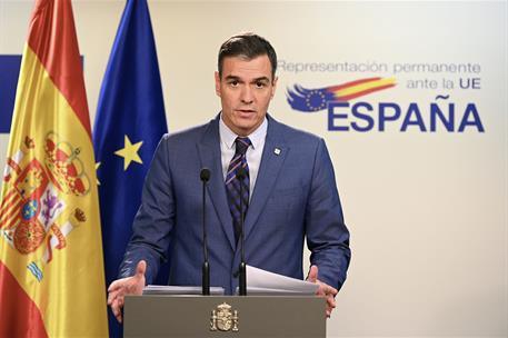 21/10/2022. Pedro Sánchez asiste al Consejo Europeo (segunda jornada). El presidente del Gobierno, Pedro Sánchez, durante su comparecencia a...