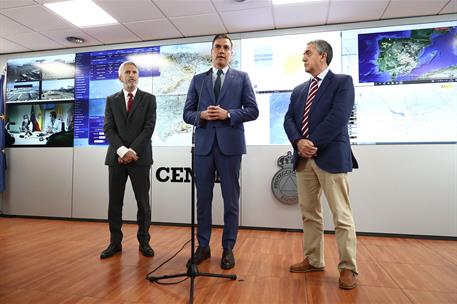 22/07/2022. Pedro Sánchez visita el Centro Nacional de Seguimiento y Coordinación de Emergencias (CENEM). Pedro Sánchez dirige unas palabras...