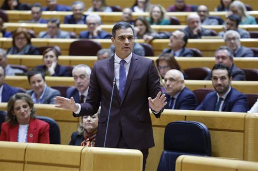 El presidente del Gobierno, Pedro Sánchez, durante la sesión de control en el Senado