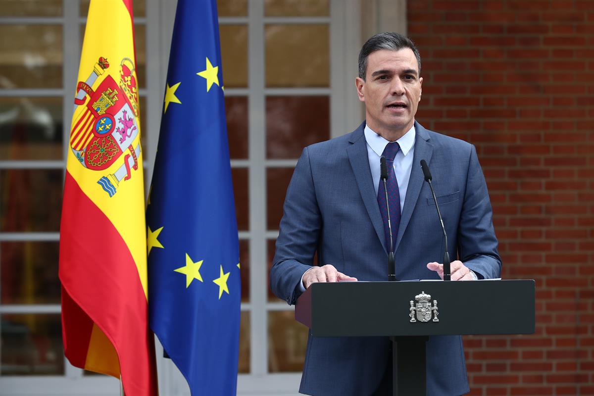 24/02/2022. Declaración institucional del presidente del Gobierno. El presidente del Gobierno, Pedro Sánchez, durante la declaración institu...