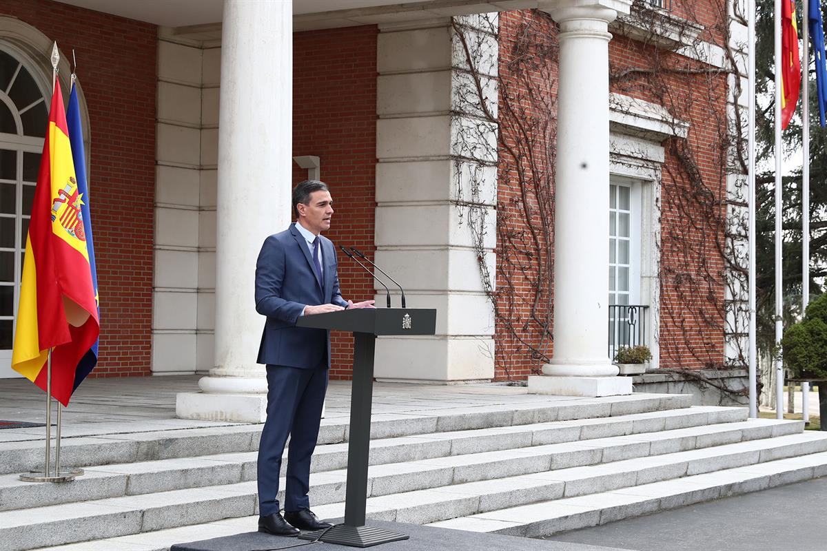 24/02/2022. Declaración institucional del presidente del Gobierno. El presidente del Gobierno, Pedro Sánchez, durante la declaración institu...