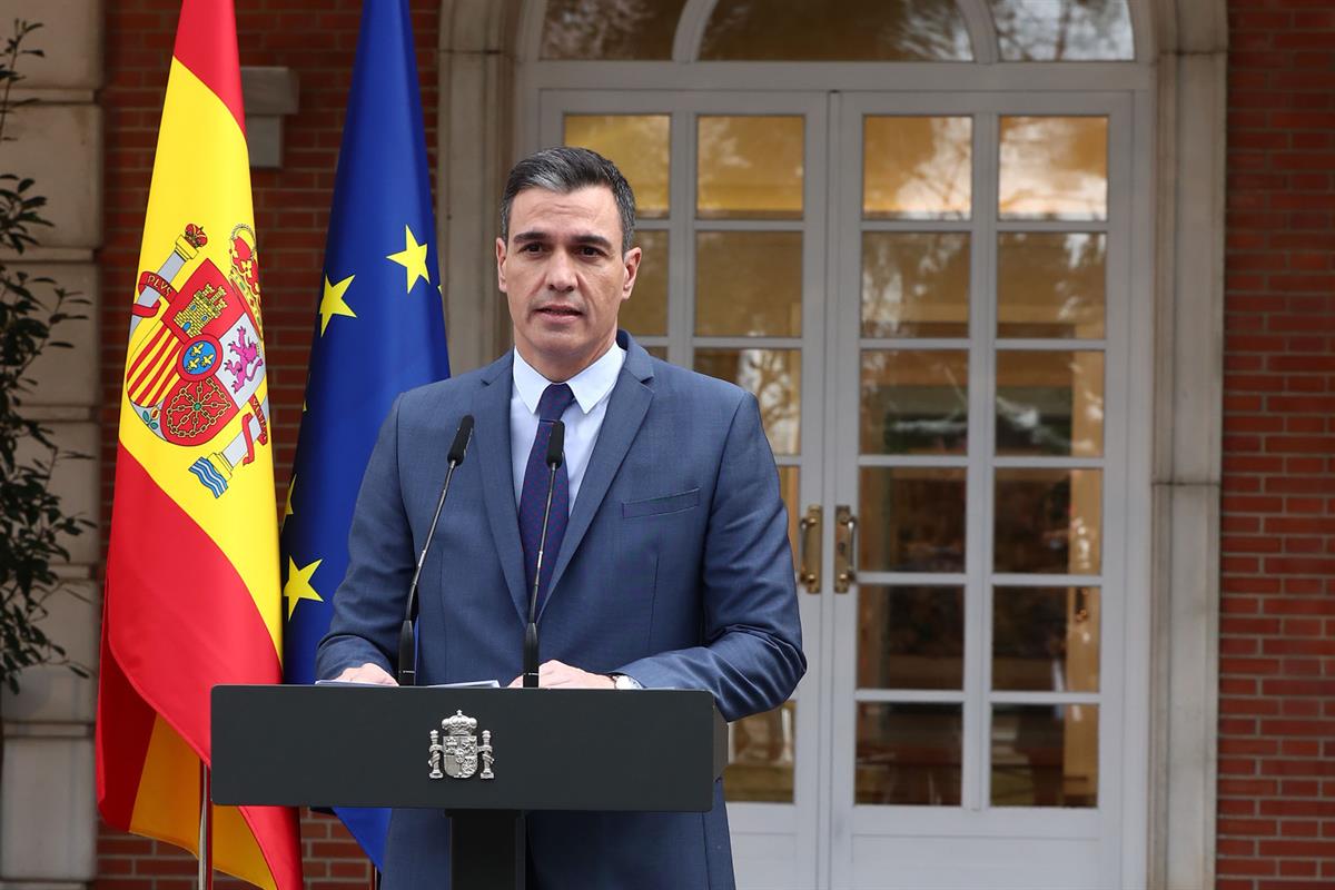 24/02/2022. Declaración institucional del presidente del Gobierno. El presidente del Gobierno, Pedro Sánchez, durante la declaración institu...