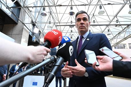 24/03/2022. Pedro Sánchez asiste a la reunión del Consejo Europeo. El presidente del Gobierno Pedro Sánchez, realiza unas declaraciones ante...