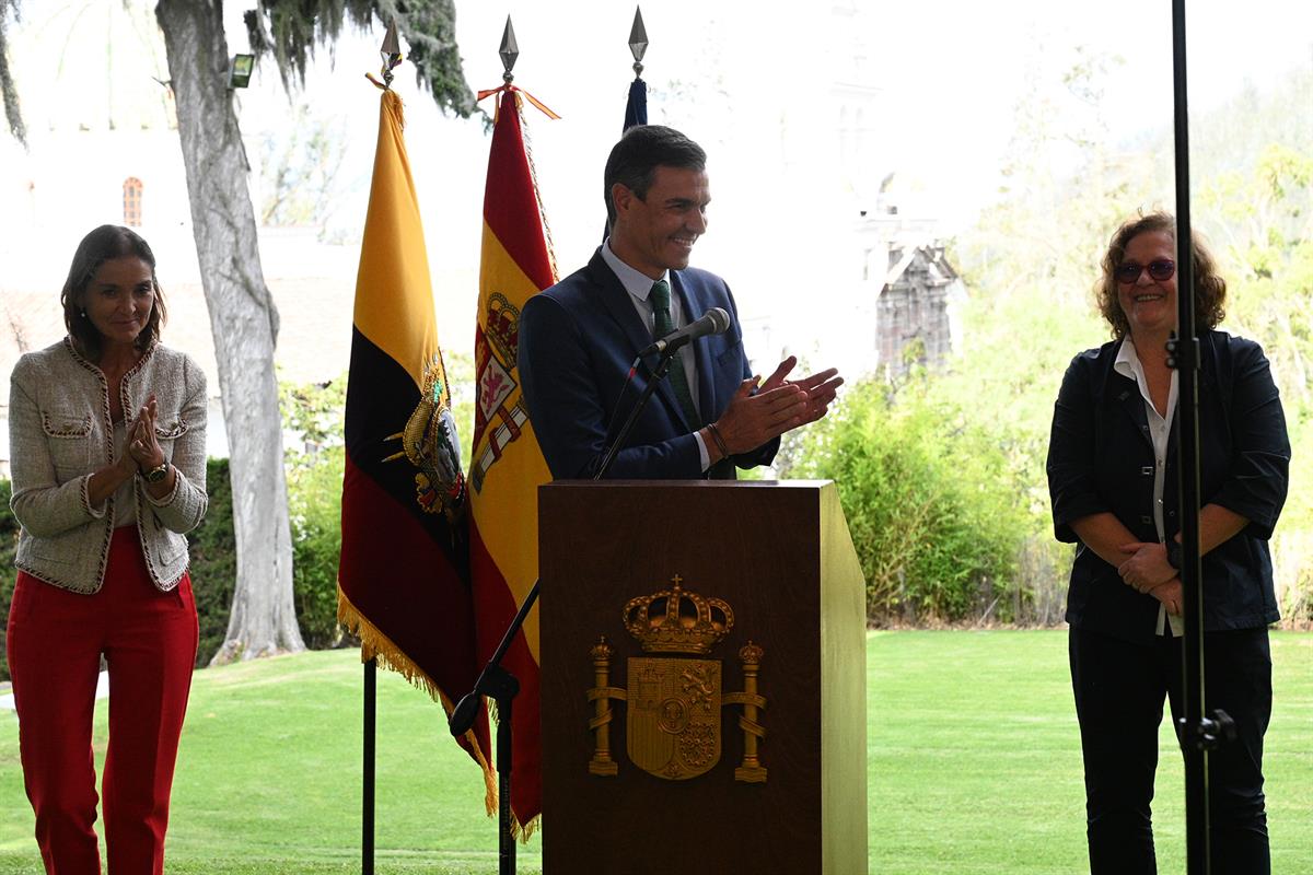 25/08/2022. Viaje oficial de Pedro Sánchez por América Latina: Ecuador. Comparecencia de Pedro Sánchez en la Embajada.