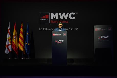 27/02/2022. El presidente del Gobierno asiste al "Mobile World Congress 2022". El presidente del Gobierno, Pedro Sánchez, durante su interve...