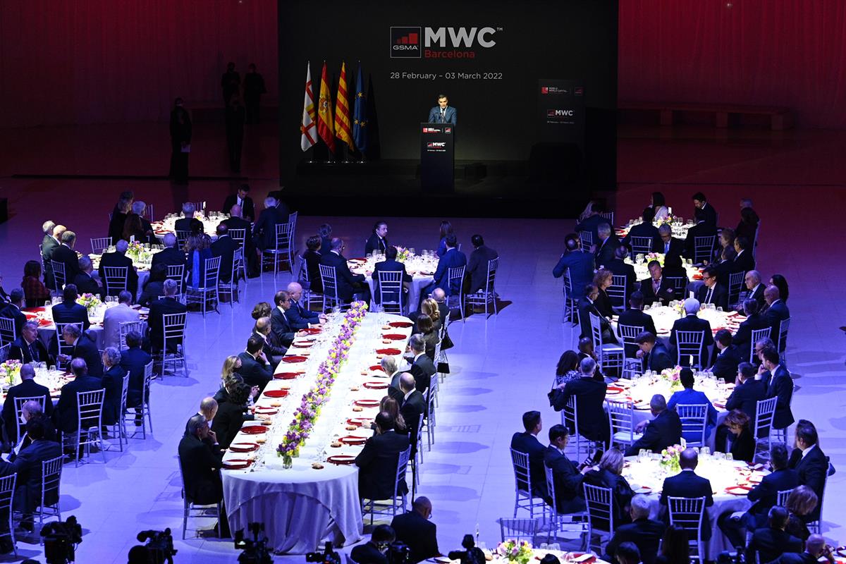 27/02/2022. El presidente del Gobierno asiste al "Mobile World Congress 2022". El presidente del Gobierno, Pedro Sánchez, durante su interve...