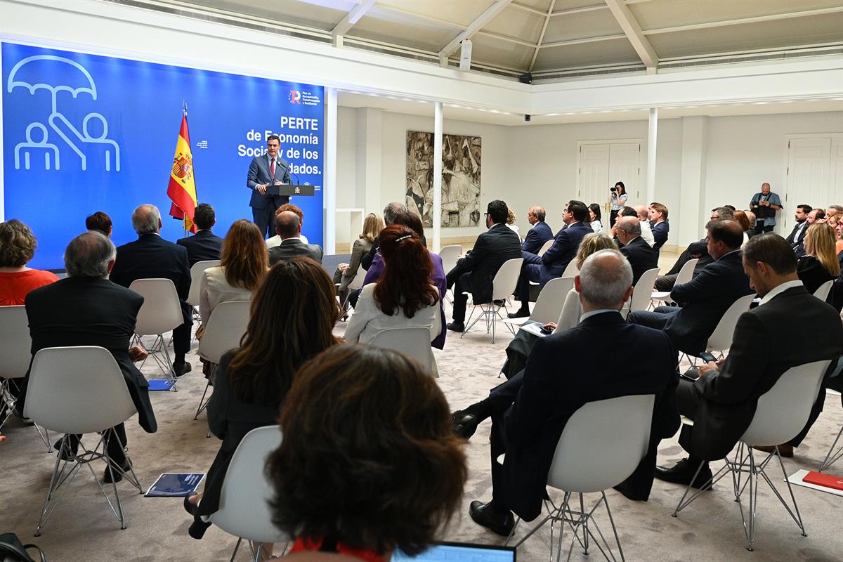 27/05/2022. Sánchez presenta el PERTE de Economía Social y de los Cuidados. Pedro Sánchez durante la presentación del PERTE de Economía Soci...