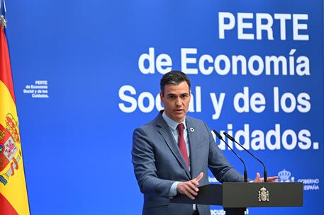 27/05/2022. Sánchez presenta el PERTE de Economía Social y de los Cuidados. Pedro Sánchez durante la presentación del PERTE de Economía Soci...