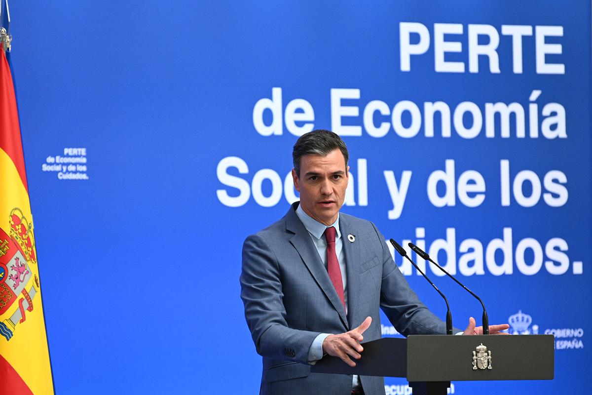 27/05/2022. Sánchez presenta el PERTE de Economía Social y de los Cuidados. Pedro Sánchez durante la presentación del PERTE de Economía Soci...