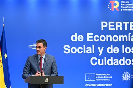27/05/2022. Sánchez presenta el PERTE de Economía Social y de los Cuidados. Pedro Sánchez durante la presentación del PERTE de Economía Soci...