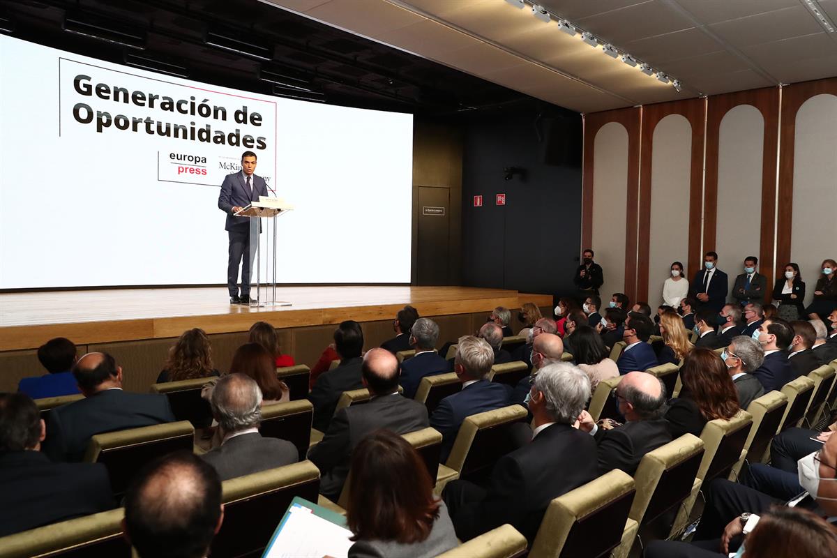 28/03/2022. Pedro Sánchez asiste al encuentro de 'Generación de Oportunidades'. El presidente del Gobierno, Pedro Sánchez, durante su interv...