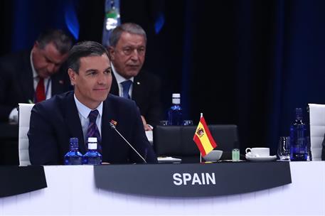 29/06/2022. Pedro S&#225;nchez participa en la Cumbre de la OTAN (primera jornada). El presidente del Gobierno, Pedro S&#225;nchez, durante las sesion...