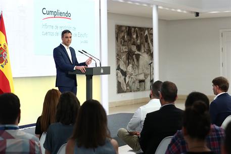 29/07/2022. Sánchez presenta el informe 'Cumpliendo' del primer semestre de 2022. El presidente del Gobierno, Pedro Sánchez, durante su comp...