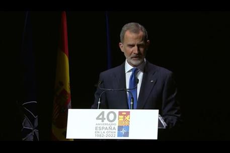 30/05/2022. Pedro S&#225;nchez interviene en el acto del 40&#186; aniversario de la adhesi&#243;n de Espa&#241;a a la OTAN. El Rey Felipe VI durante su interven...