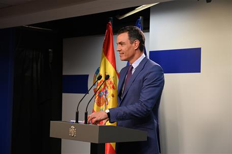 31/05/2022. Pedro S&#225;nchez comparece tras el Consejo Europeo extraordinario. El presidente del Gobierno, Pedro S&#225;nchez, durante su comparecen...